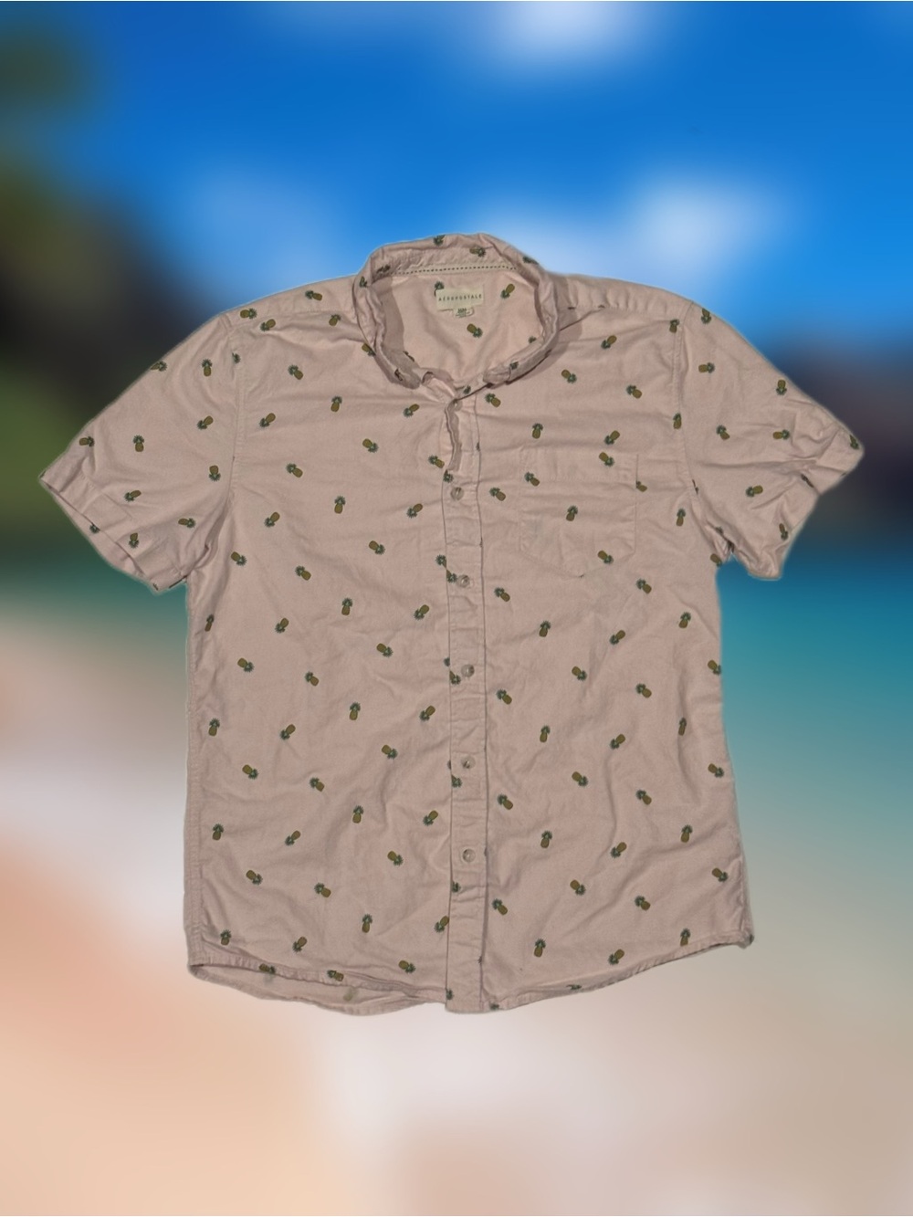 Aéropostale Men’s Size Medium Pink Pineapple Print Button-Up Short Sleeve Shirt